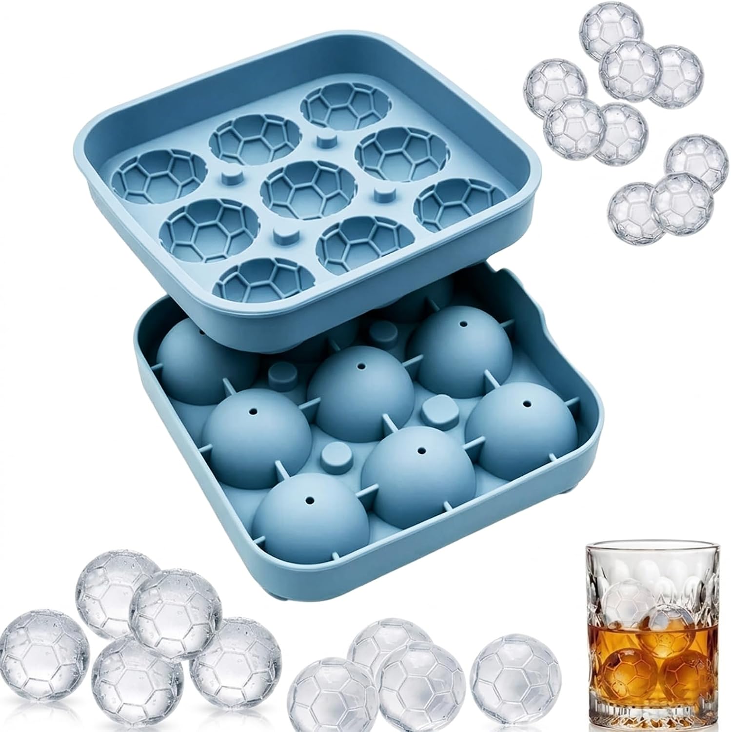 Ice Mold Sphere - แม่พิมพ์น้ำแข็งรูปทรงลูกฟุตบอล, แม่พิมพ์น้ำแข็งซิลิโคน 9/4 ช่อง ใช้ซ้ำได้ สำหรับงานปาร์ตี้วันแข่งขันกีฬา